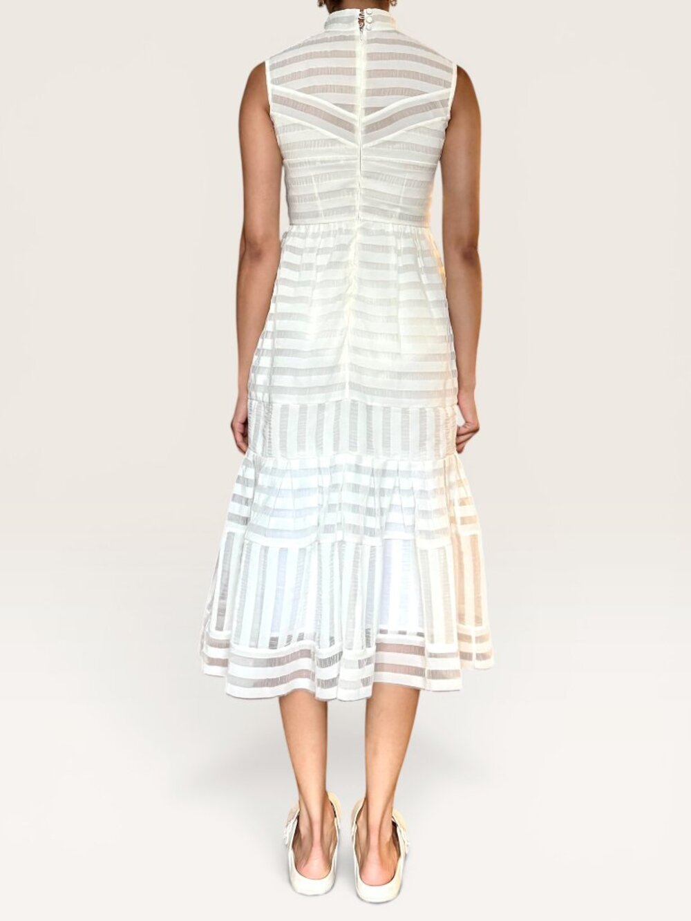 Erdem Abrielle Ivory White Stripe Silk Lined Tiered‎ Midi Dress US 4 SS16 Bridal - Picture 4 of 12